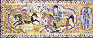 19世紀の狩猟と戦闘のシーンを描いた、cuerda secaタイルの長いパネルからの最初のカルトゥーシュ