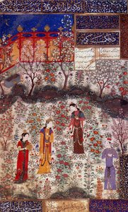 中国のホウメイ王子とホウメイウン王女の最初のインタビュー。1430年頃、ヘラートの学校で制作されたクラジュー・キルマニの詩から抜粋されたミニチュア。イラン。装飾美術、パリ 作： Persian School