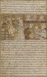 バラミ作のタリクナマのフォリオ（歴史の書）：メディナのカリフへのオスマンの選挙、1300年頃（不透明な水彩、インク、紙の上の金）