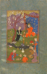 Jamshid u Khurshid、イラン、サファヴィー朝時代のフォリオ、1600年頃（不透明な水彩、インク、紙の上の金） 作： Persian School