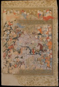 ミルクワンド（1498年作）のRawzat al-safa（Garden of felicity）のフォリオ。直訳：アレッポ、シラーズ、イラン、サファヴィー朝時代のビザンチンとの戦い、1571-72年（不透明な水彩、インク、金 作： Persian School