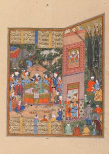 Firdawsi（d.1020）によるShahnama（Book of Kings）のフォリオ。 verso：Faridun、Shiraz、Iran、Saravid時代の前のSalm and Turの使節、c.1560（不透明な水彩、インク、紙の上の金） 作： Persian School