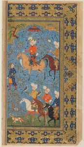 FirdawsiによるShahnama（Books of Kings）のフォリオ。王室狩猟、イラン、1590年-1600年頃（不透明な水彩、インク、紙の上の金）