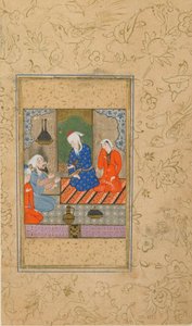 ヤミによるユスフ・ズライカのフォリオ（d。1492）;ズライカと老人が会話を聞く、おそらくイランのマシュハド、1560-70年頃（不透明な水彩画、インク、紙の上の金） 作： Persian School