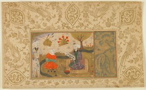 正体不明のテキストからのフォリオ。イランの小川に座る女と会話する女性、1500年頃（不透明な水彩、インク、紙の上の金） 作： Persian School