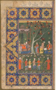 正体不明のテキストからのフォリオ。 recto：A Party in a Garden、Shiraz、Iran、c.1570（不透明な水彩、インク、紙の上の金） 作： Persian School