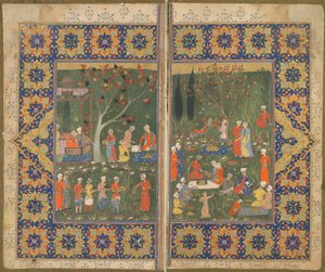 正体不明のテキストからのフォリオ。 verso：庭でのパーティー、イラン、シラーズ、c.1570（紙に不透明な水彩、インク、金） 作： Persian School