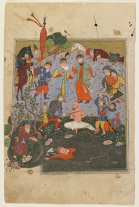 アフラシヤブがShahnamaから湖から引きずられている間にGarsivazがむち打たれる 作： Persian School