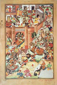 チンギス・ハーンが中国の町を占領する様子（1596年に完成した「チンギス・ハーンのペルシャ史」からの縮図 作： Persian School