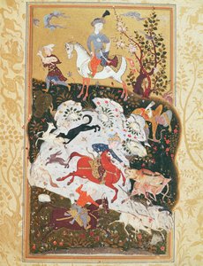 「愛の書」からの狩猟シーン、サファヴィー朝 作： Persian School