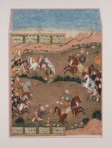 ケイ=クスラウはシャーナマからカラカーンを撃つ（紙にグワッシュ、金の装飾） 作： Persian School