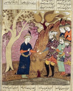 倒れたカウウスを発見した騎士たち、アブル・カシム・マヌール・フィルダウシ（c.934-c.1020）1619によるShahnama（Book of Kings）のイラスト