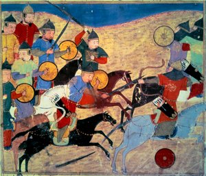 ノカイのリーク（カラ・ノガイ・ハン（ノガイ、ノカイ、ノガイ、チンギス・ハンの曾孫、1299年没）。モンゴルの騎馬民族。ラチッド・アルディン・ファズルが書いた「物語の総て（Djame al-tavarikh）」（Folio 155v）を描いたペルシャ語の写本 作： Persian School
