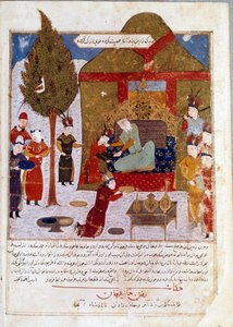 モンゴル皇帝チンギス・ハーン（1167-1227）イルミル近郊のキャンプで玉座につき、孫のキバライとフレ・グ ペルシャの細密画はラシッド・アル・ディン（アル・ディン）（B.1247-1318）の「ジャミ・アル・タワリク」（モンゴル帝国の歴史）からの引用 作： Persian School