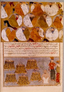 チンギス・ハーン（1162-1227）のモンゴルのテントと捕虜。チンギス・ハーンは、ジャジラット族のモンゴル人であるジャムクアの従者を大釜に投げ込ませている。ペルシャ語のミニチュアは、"Jami al-tawarikh"（ジャミ・アル・タワリク）または "Universal History "から引用したものです。 作： Persian School