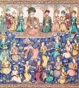 ナセルアルディンシャーカジャール（1831-96）の宮廷で演奏するミュージシャンとダンサー（セラミック） 作： Persian School
