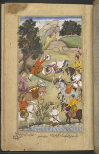 Or.12076 f.67r Razmnāmah (「戦争の書」) からアルジュナの軍隊 (Bulaqi ibn Ghulam ‘Ali) を破壊する Babhruvahana、Naqib Khan によるマハーバーラタの翻訳