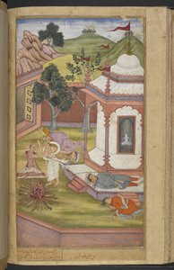 Or.12076 f.90v 「Razmnāmah」(「戦争の書」) より、チャンディカの神殿で自らの肉を切り落として火にかけるカンドラハサ (Qabil ibn Maqbul)、Naqib によるマハーバーラタの翻訳 氏族長 作： Persian School