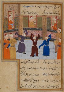 または。 11837、f.152 ムハンマド・タバドカニ (d.1486) 修道士と踊る、カマル・アルディン・フサイン・ガズルガヒによる「マジャリス・アル・ウシュシャク」のイラスト (紙にペンとインク、水彩)