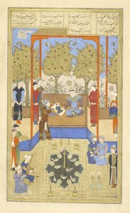 ペルシャ239fol.30bサームに見せられた幼児ルスタムの肖像画、アブ・ル・カシム・マンスール・フィルダウシによる「シャーナマ」（王の書）のイラスト（c.934-c.1020） 作： Persian School