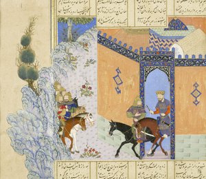 ペルシア語239 fol.394a詳細：キューバの脱出、Shahnama（Book of Kings）からの挿絵、Abul-Qasim Mansur Firdawsi（c.934-c.1020）、1444 作： Persian School