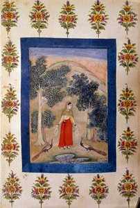 ペルシャ美術：2羽のクジャクに贈る2つの花のネックレスを持つ女性。ペルシャの細密画 作： Persian School