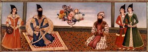 ペルシャ王ファト・アリー・シャー（1771-1834）が宮廷の人々を囲んでいる様子 シラーズ派の絵画（シラーズ）（19世紀） テヘラン、フォルギ・コレクション 作： Persian School