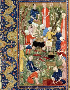 食事の準備、サファビッド、ハフィズシラジの叙事詩のイラスト 作： Persian School