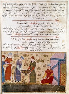 チンギス・ハーン（1162-1227）が同盟を結ぶ様子を表現したもの。歴史家ラシッド・アルディン（al din）（1247-1318）の「ジャミ・アル・タワリク」（Jami al tawarikh）または「万国史」から1430年頃に引用されたペルシャ語の細密画。パリ、B.N. 作： Persian School