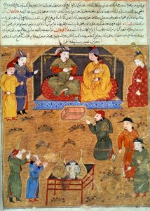 フラグー・ハン（1217-1265）の表現、彼はチンギス・ハンの孫である ペルシャ語のミニチュアは、歴史家ラシッド・アルディン（al din）（1247-1318）による「ジャミ・アル・タワリク」（Jami al-tawarikh）または「万国史」から抜粋したもので、1430年頃のもの。パリ、B.N. 作： Persian School