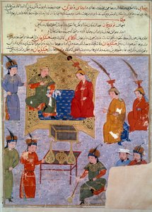 フラグー・ハン（1217-1265）の表現、彼はチンギス・ハンの孫である ペルシャ語のミニチュアは、歴史家ラシッド・アルディン（al din）（1247-1318）による「ジャミ・アル・タワリク」（Jami al-tawarikh）または「万国史」から抜粋したもので、1430年頃のもの。パリ、B.N. 作： Persian School