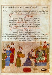 オゴデイ・ハン（1186-1241）の表現、彼はチンギス・ハンの息子である。歴史家ラシッド・アルディン(al din)(1247-1318)の「ジャミ・アル・タワリク」(Jami al tawarikh)すなわち「万国史」から1430年頃に引用されたペルシャ語の細密画。パリ、B.N. 作： Persian School