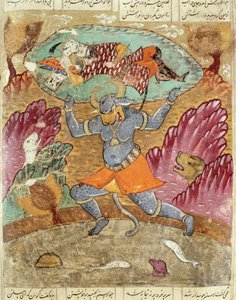 Akwan-Diwaによって運ばれたRostam、Abul-Qasim Manur Firdawsi（c.934-c.1020）1619によるShahnama（Book of Kings）のイラスト 作： Persian School