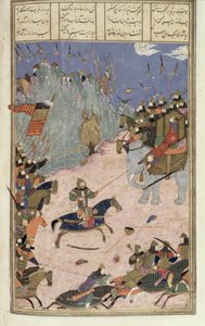 ロスタムは象からカーカンを引きずり、シャフナーマ（王の書）からの挿絵、Abul-Qasim Manur Firdawsiによって（c.934-c.1020）c.1440-45（ペン、インク、ベラムにインク） 作： Persian School
