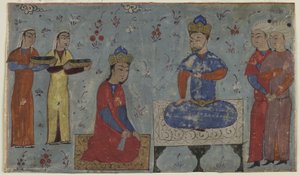 サムの前のシンドゥクト（不透明な水彩、インク、紙に金） 作： Persian School