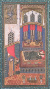 タフミナは、アシュル・カシム・マヌール・フィルダウシ（c.934-c.1020）、シャフナマ（王の書）のイラスト、ルスタムスの部屋に入る、アフガニスタンのヘラート、c.1410（不透明なトイレと紙に金） 作： Persian School