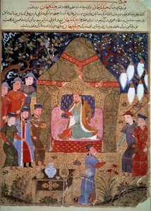 モンゴル皇帝チンギス・ハーン（1162-1227）の宮廷。歴史家ラシッド・アル・ディン（アル・ディン）（1247-1318）の『ジャミ・アル・タワリク』（または『万国史』）からペルシャのミニチュアセンターを表現したもので、1430年頃のもの。パリ、B.N.