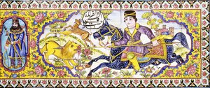 19世紀の狩猟と戦闘のシーンを描いた、cuerda secaタイルの長いパネルの3番目のカルトゥーシュ 作： Persian School