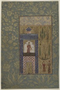 窓際の王女の前の2人の若者、c.1417-18（不透明な水彩画と紙に金） 作： Persian School