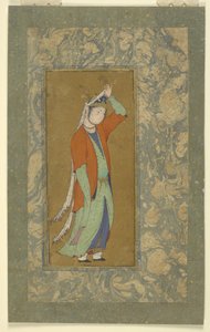 女性は彼女のアイグレットを調整する、1590年頃 作： Persian School
