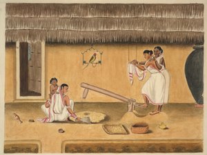 デンキで水田の殻をむく女性、1840年頃（紙に水彩）
