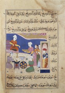 f.83v インド料理の写本からの、マンドゥのスルタンのためのお菓子の準備 (ベラム) 作： Persian School