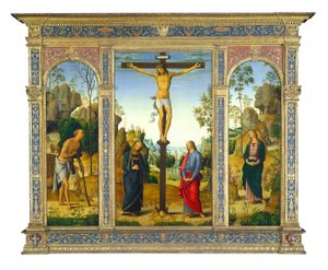 処女、聖ヨハネ、聖ヒエロニムス、聖マグダラのマリアとの磔刑、c. 14821485。 作： Perugino