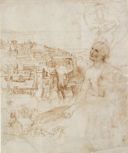 ペルージャの街の眺め、前景に悔い改めている聖ジェローム、1500-1504
