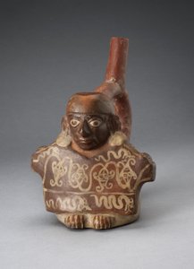 装飾された織物を持っている男性を描いたあぶみ型注口容器、紀元前100年-西暦500年 作： Peruvian School