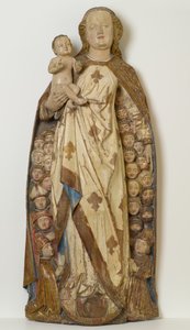 マドンナと彼女のマントの下の子供保護サプリカント、c.1471（リンデンウッド、多色、金と銀の葉） 作： Peter (attr.to) Koellin