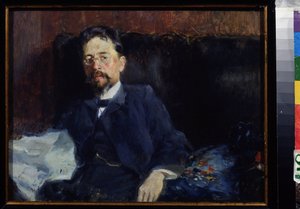 作家アントン・チェーホフ (1860-1904) の肖像 (作者 A. チェーホフの肖像)。 Pyotr Alexandrovich Nilus (Pierre Nilous) (Nilous) (1869-1940/1943) による絵画、キャンバスに油彩 作： Peter Alexandrovich Nilus