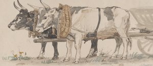 カートを引く 2 頭の牛、1874 年。 作： Peter Christian Thamsen Skovgaard