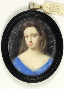 青いボディスに茶色のフードをつけた女性（水彩・ベラム 作： Peter Cross