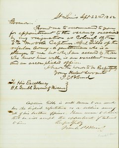 1862年9月22日、ミズーリ州知事H.R.ギャンブル宛、セントルイスのP.E.ブランドの署名入り書簡 作： Peter E. Bland
